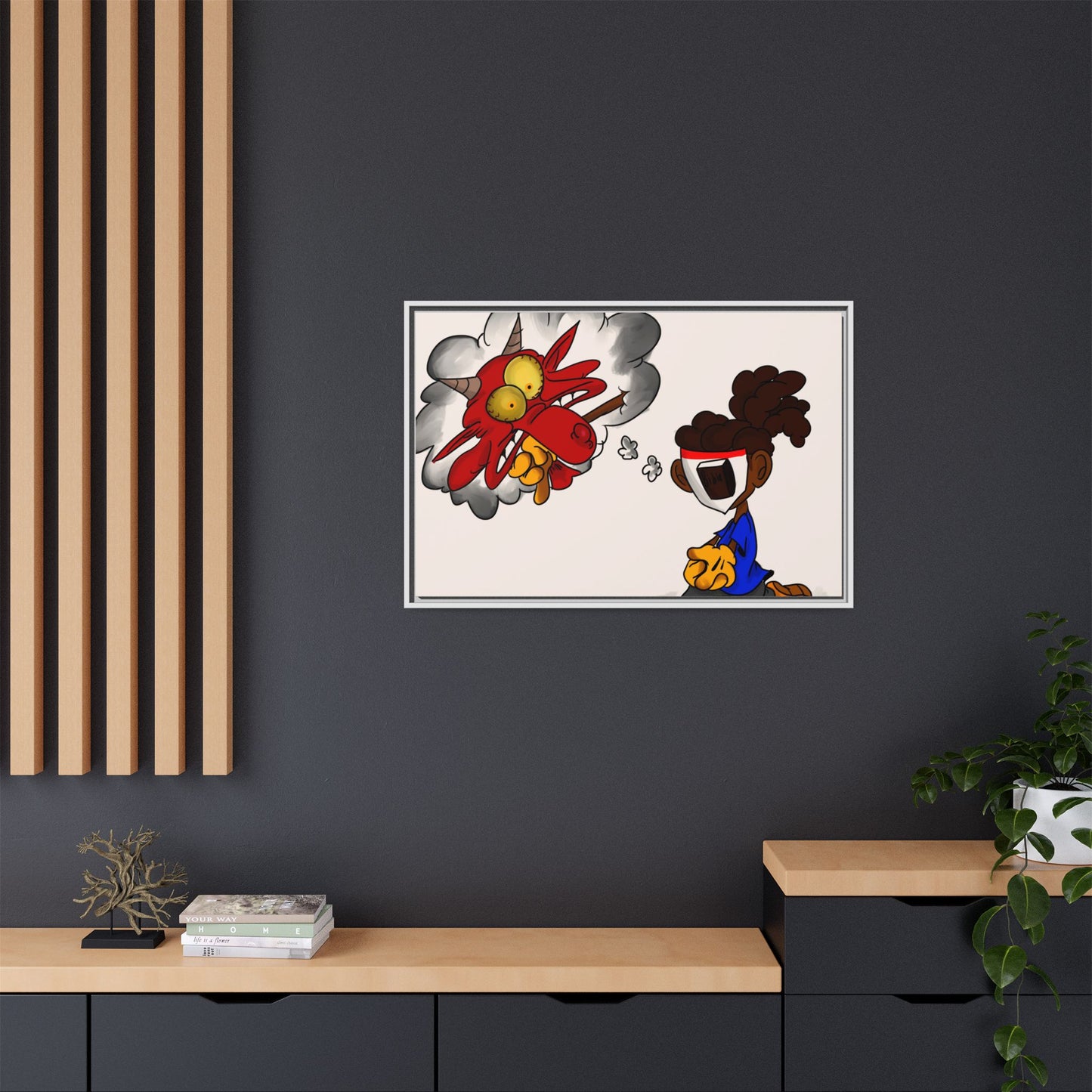 Power of Prayer Framed Matte Canvas Art — Cartoon Kid Imagining a Red Dragon