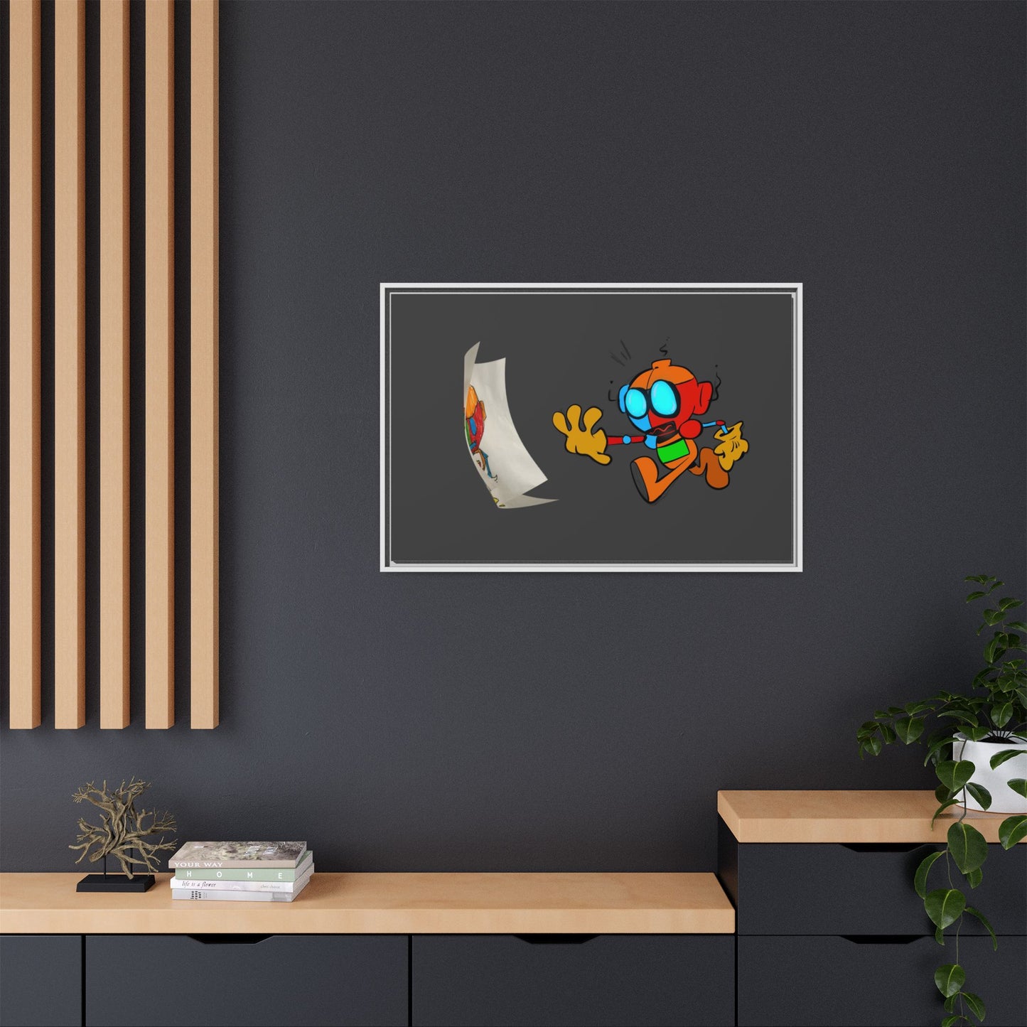 Android Irony Framed Matte Canvas Art — Colorful Cartoon Robot Print