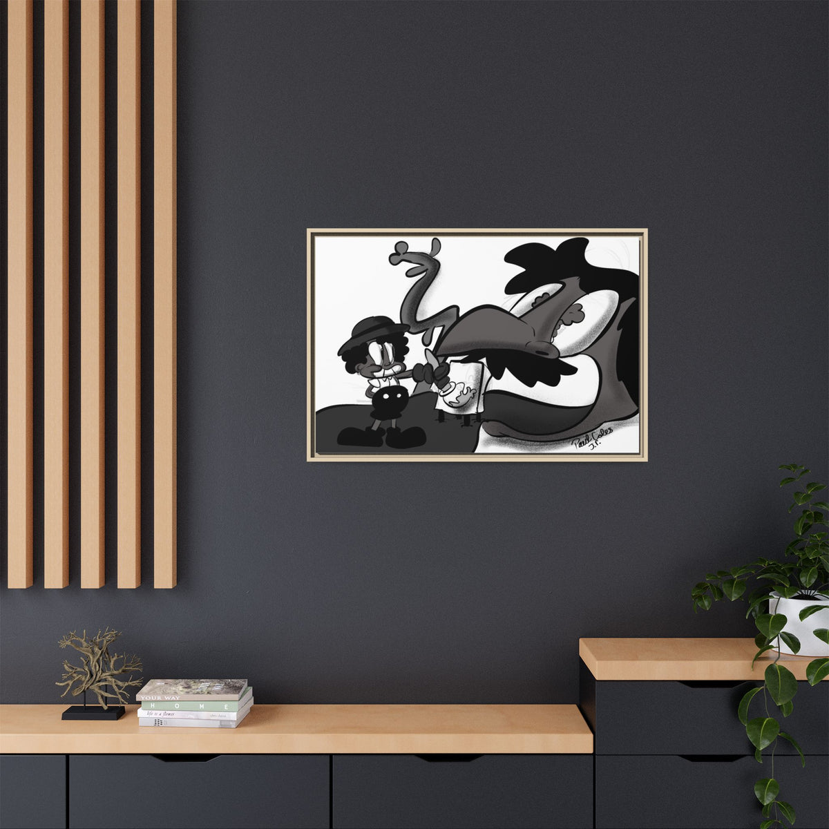 Jack & The Bean Stalk Matte Canvas Framed Art — Monochrome Retro Character Print