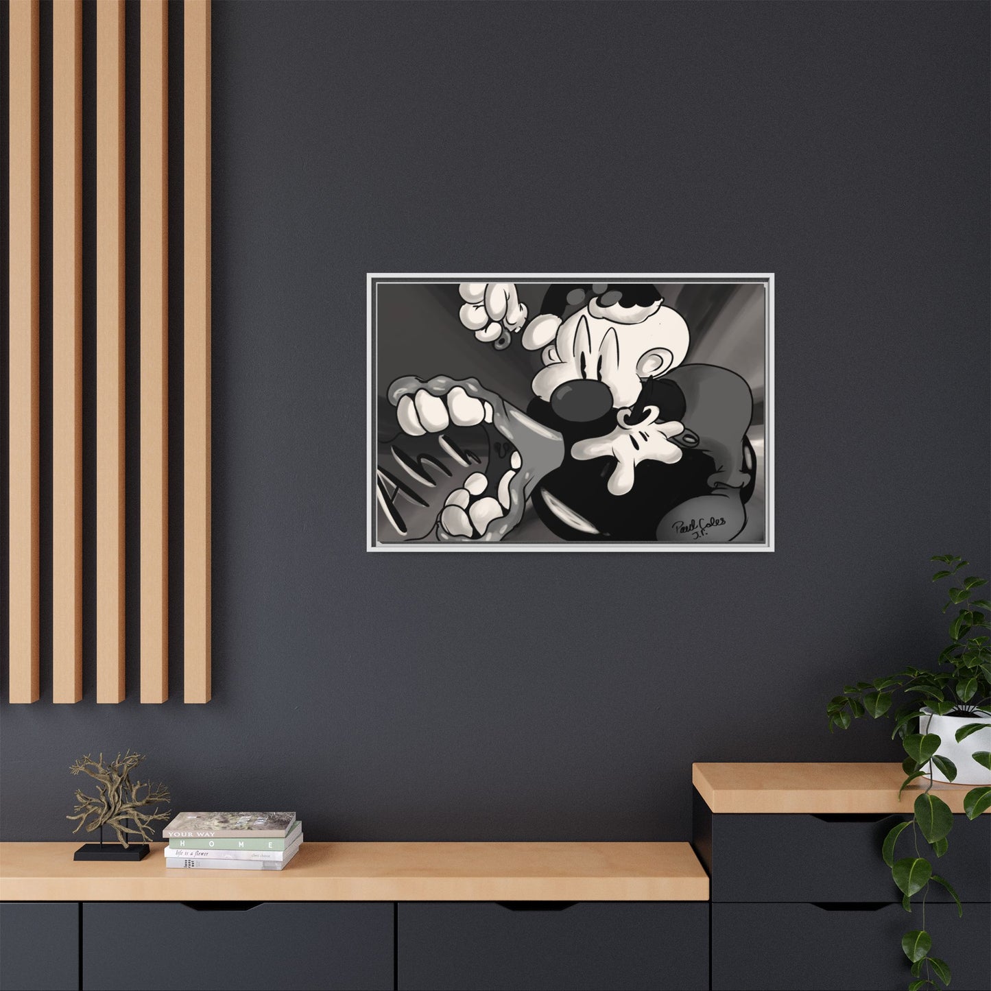 Screaming Circus Matte Canvas Framed Art — Monochrome Retro Character Print