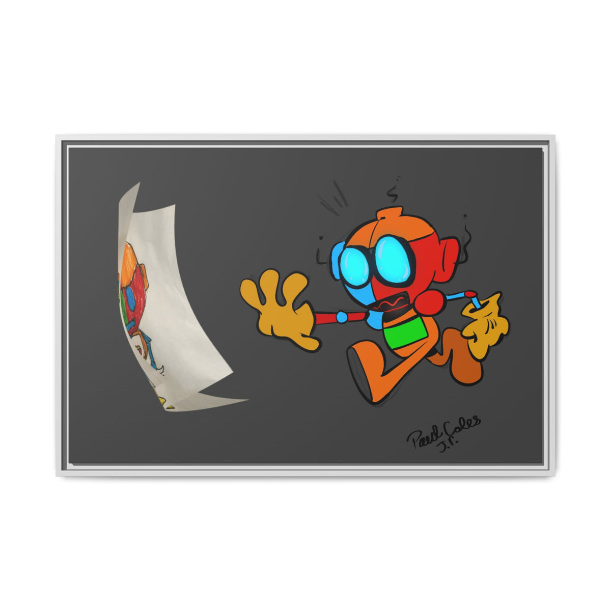 Android  Irony Framed Matte Canvas Art — Colorful Cartoon Robot Print