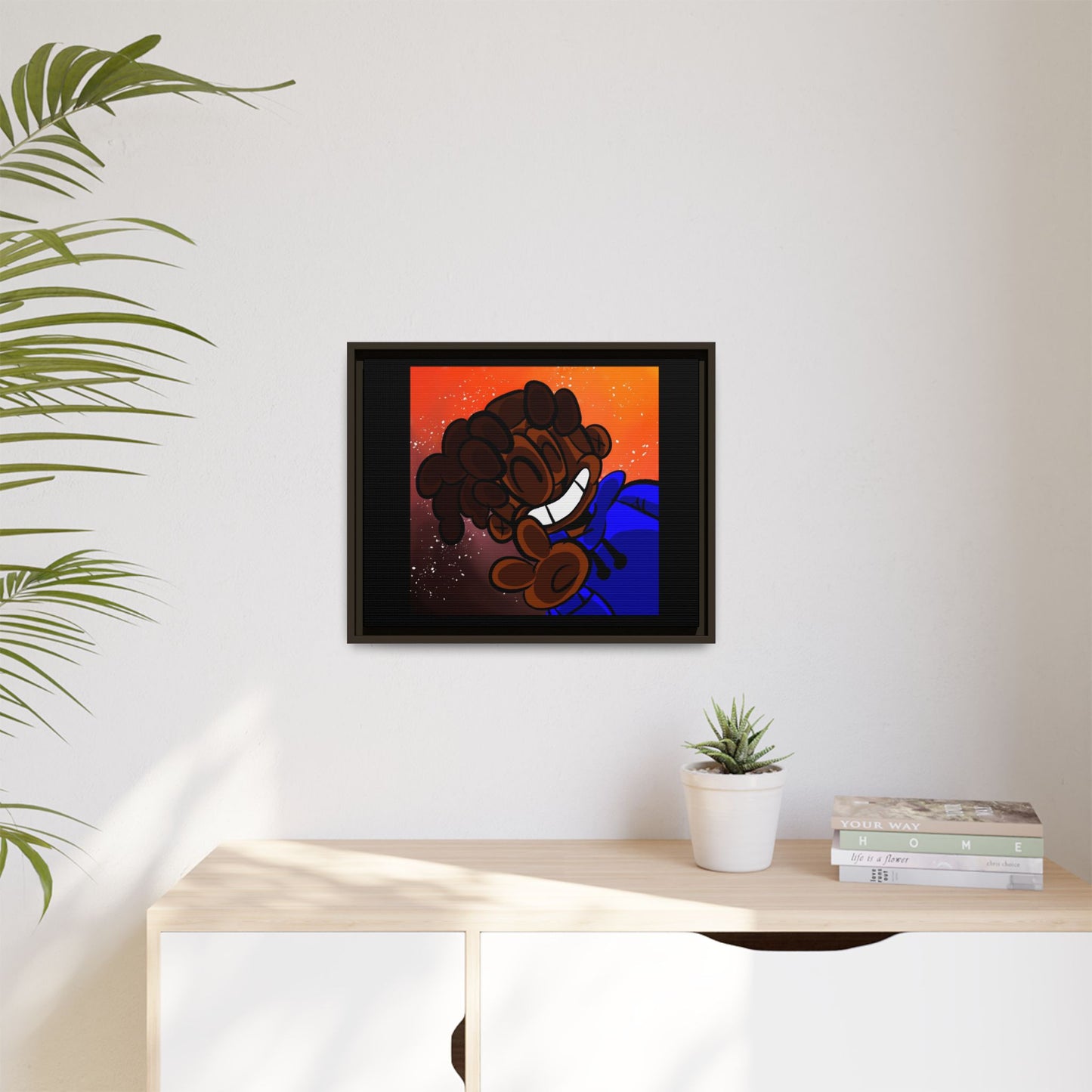 Peace of Me Framed Matte Canvas Art — Cartoon Smile Character on Orange-Red Background