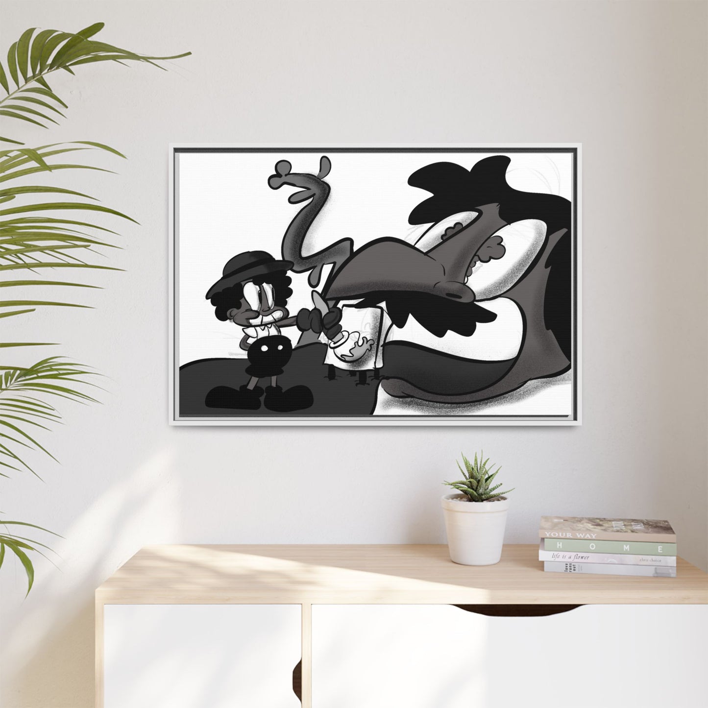 Jack & The Bean Stalk  Matte Canvas Framed Art — Monochrome Retro Character Print