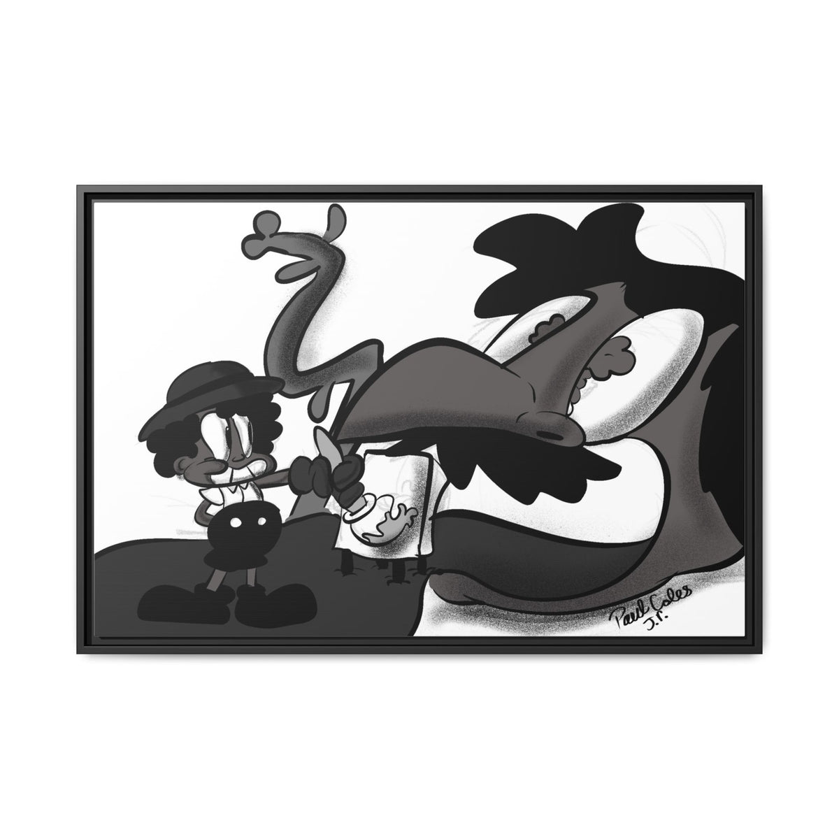 Jack & The Bean Stalk  Matte Canvas Framed Art — Monochrome Retro Character Print