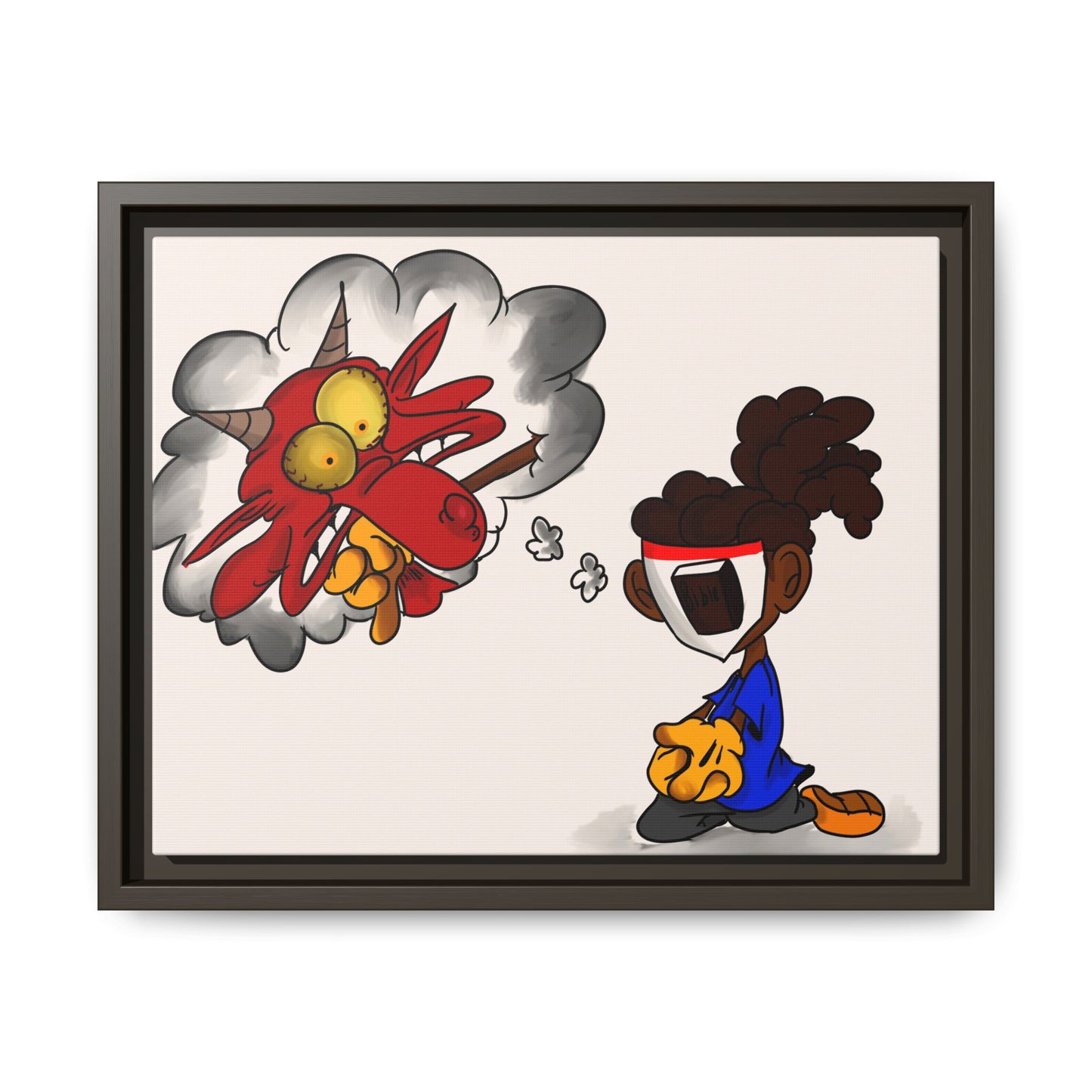 Power of Prayer Framed Matte Canvas Art — Cartoon Kid Imagining a Red Dragon