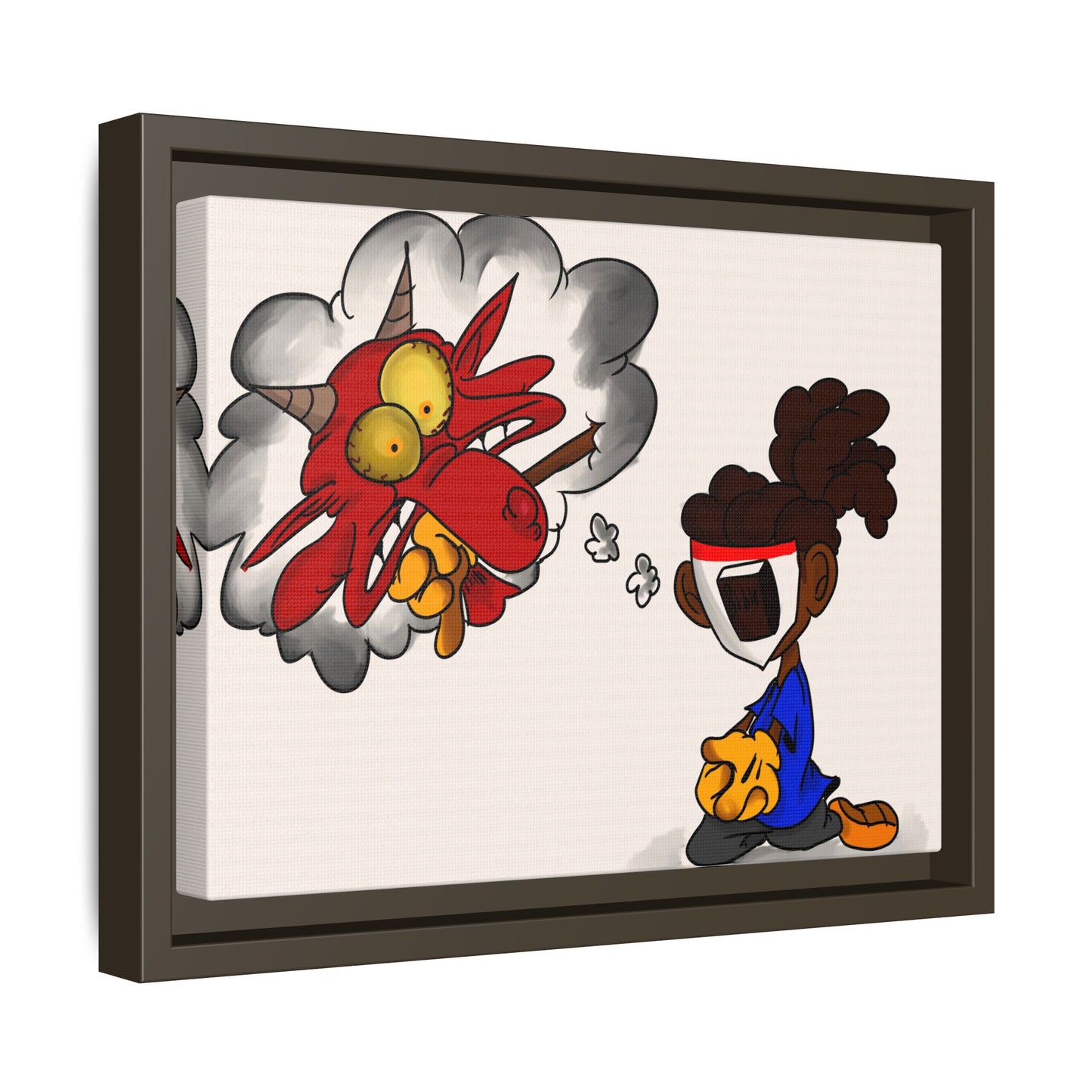 Power of Prayer Framed Matte Canvas Art — Cartoon Kid Imagining a Red Dragon