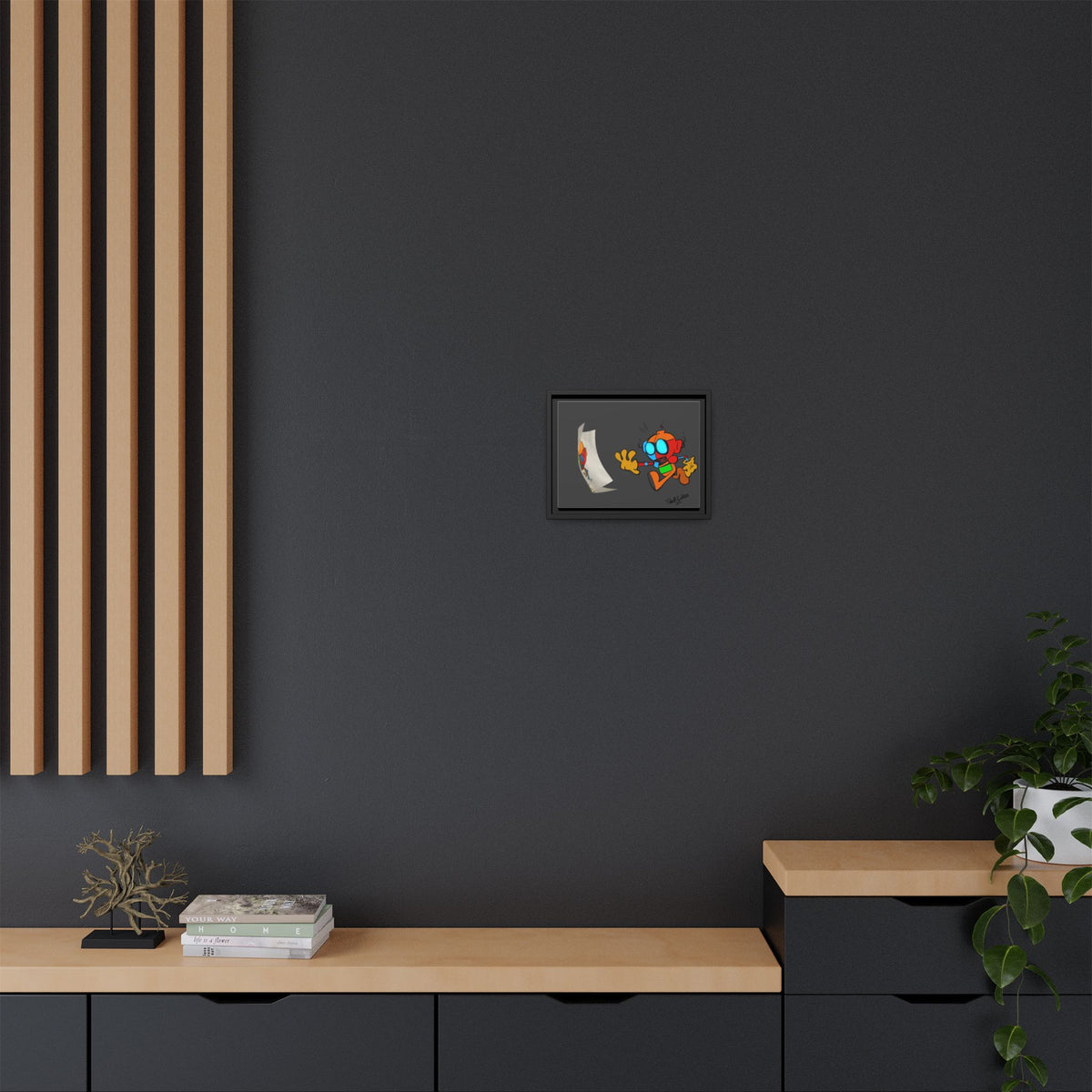 Android  Irony Framed Matte Canvas Art — Colorful Cartoon Robot Print