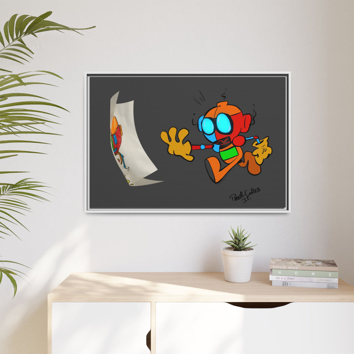 Android  Irony Framed Matte Canvas Art — Colorful Cartoon Robot Print