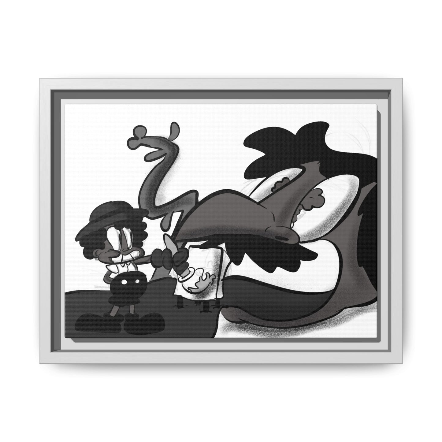 Jack & The Bean Stalk  Matte Canvas Framed Art — Monochrome Retro Character Print