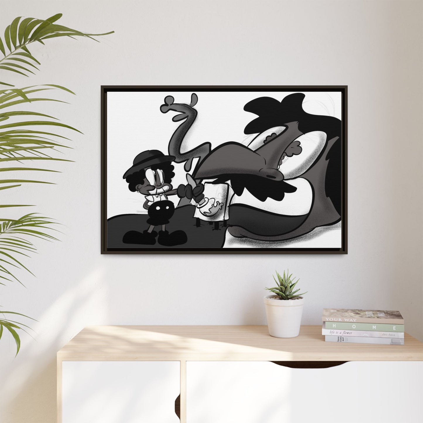 Jack & The Bean Stalk  Matte Canvas Framed Art — Monochrome Retro Character Print