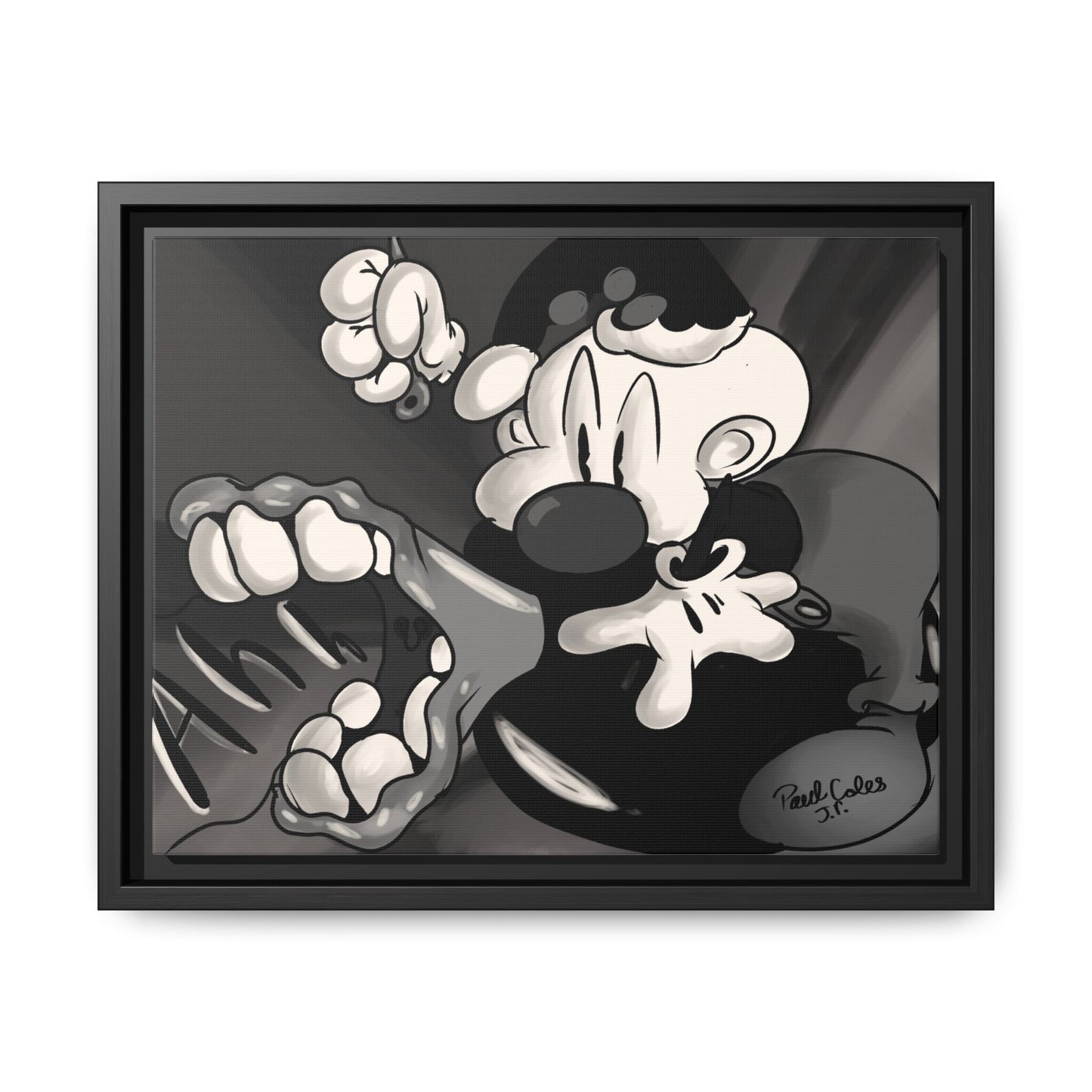 Screaming Circus  Matte Canvas Framed Art — Monochrome Retro Character Print