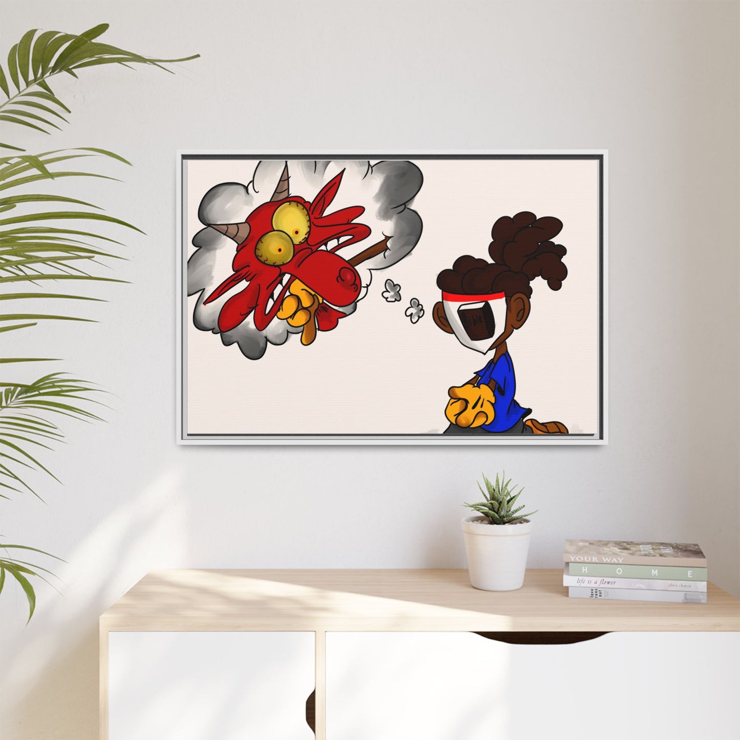 Power of Prayer Framed Matte Canvas Art — Cartoon Kid Imagining a Red Dragon