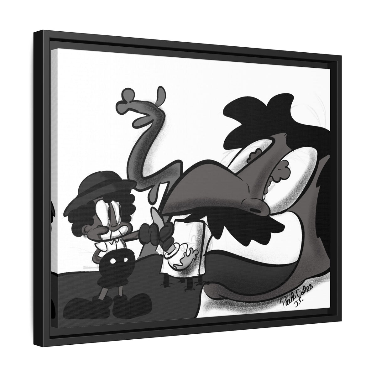 Jack & The Bean Stalk  Matte Canvas Framed Art — Monochrome Retro Character Print