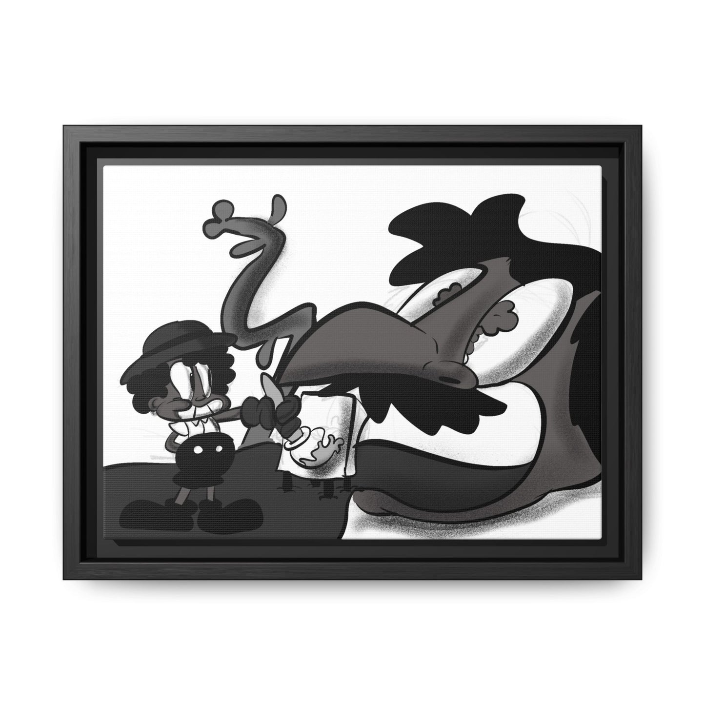 Jack & The Bean Stalk  Matte Canvas Framed Art — Monochrome Retro Character Print