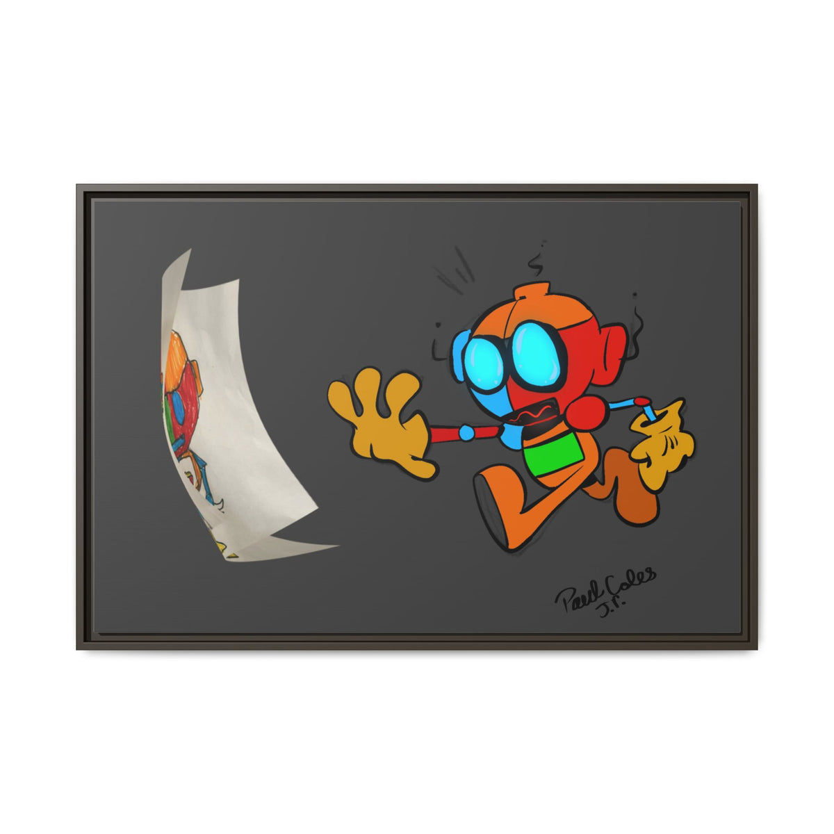 Android  Irony Framed Matte Canvas Art — Colorful Cartoon Robot Print