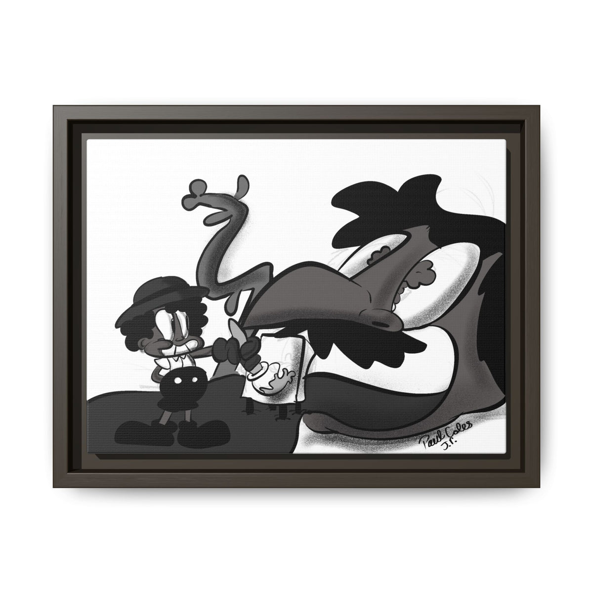 Jack & The Bean Stalk  Matte Canvas Framed Art — Monochrome Retro Character Print