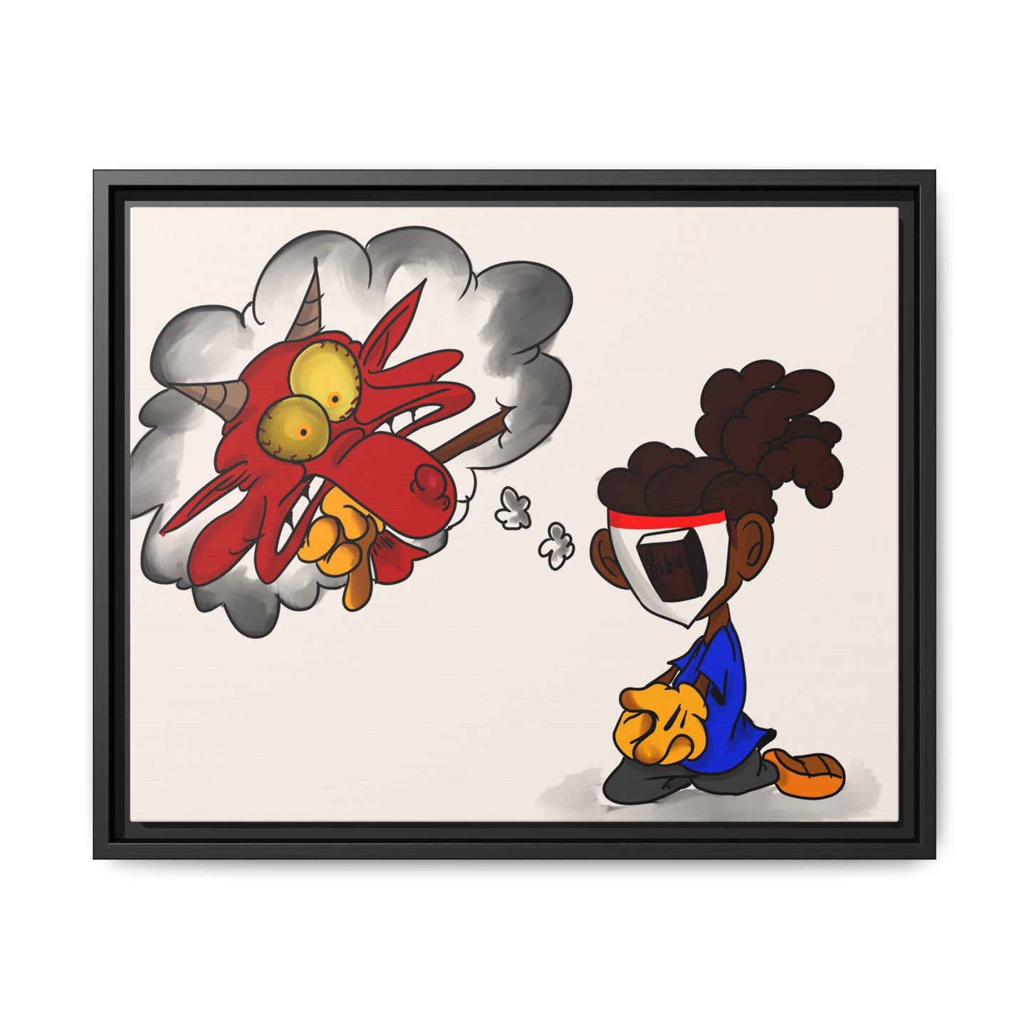Power of Prayer Framed Matte Canvas Art — Cartoon Kid Imagining a Red Dragon