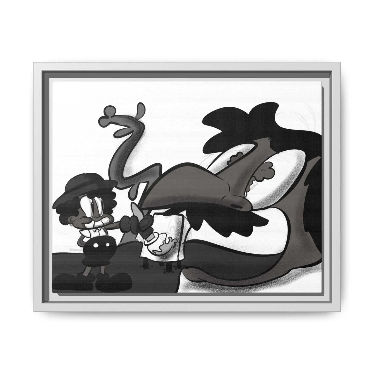 Jack & The Bean Stalk  Matte Canvas Framed Art — Monochrome Retro Character Print