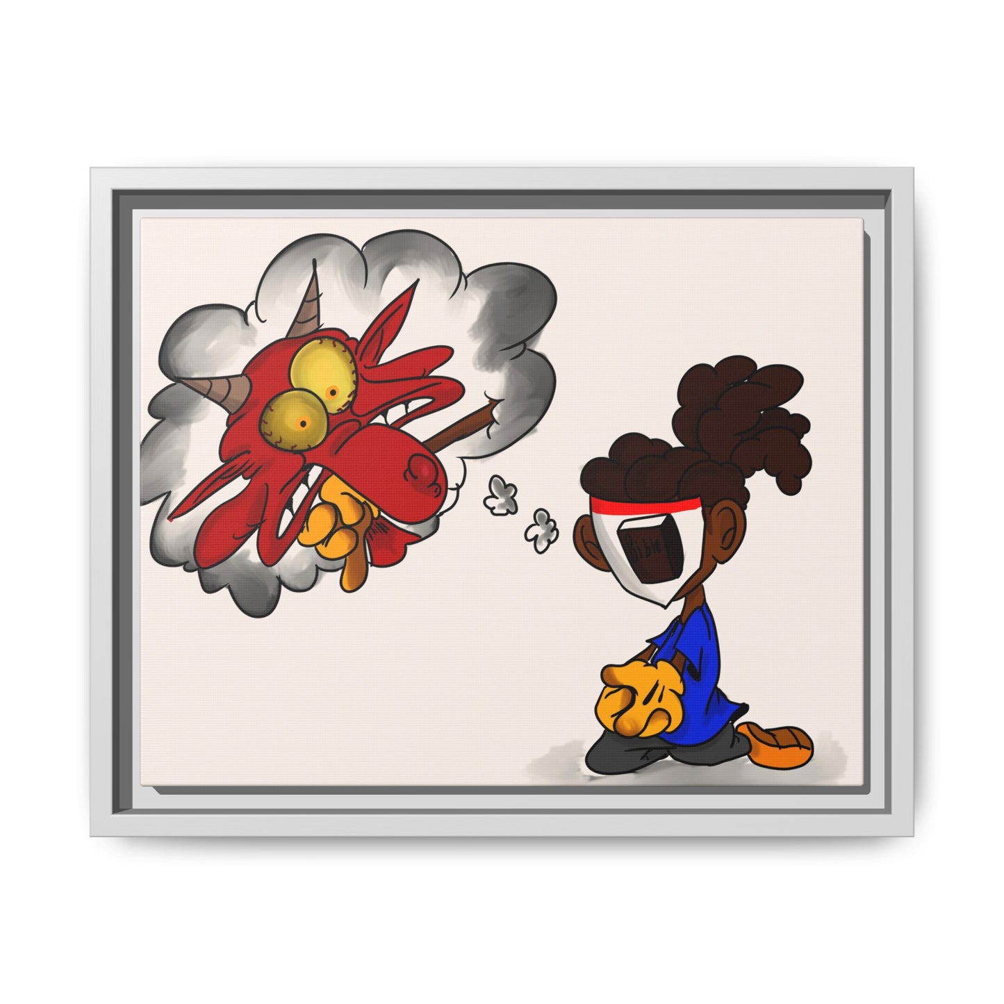 Power of Prayer Framed Matte Canvas Art — Cartoon Kid Imagining a Red Dragon