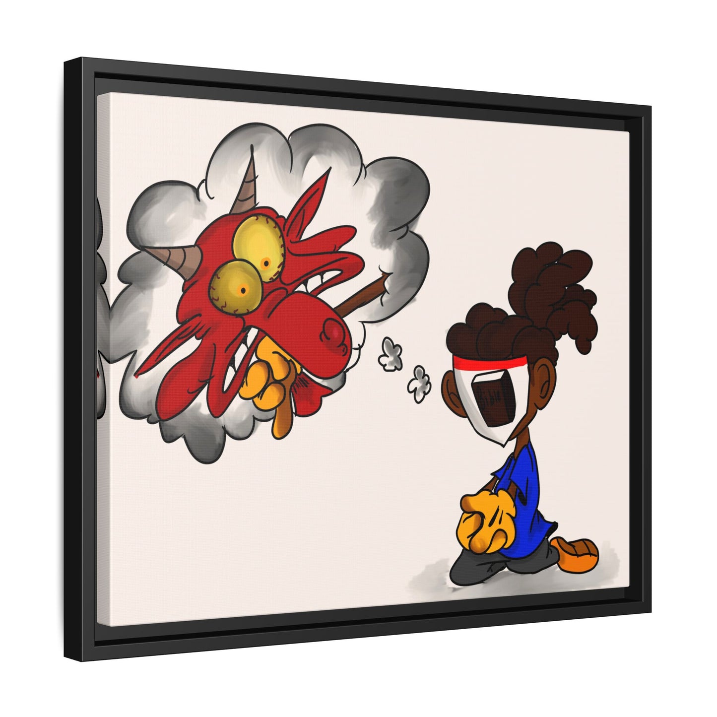 Power of Prayer Framed Matte Canvas Art — Cartoon Kid Imagining a Red Dragon