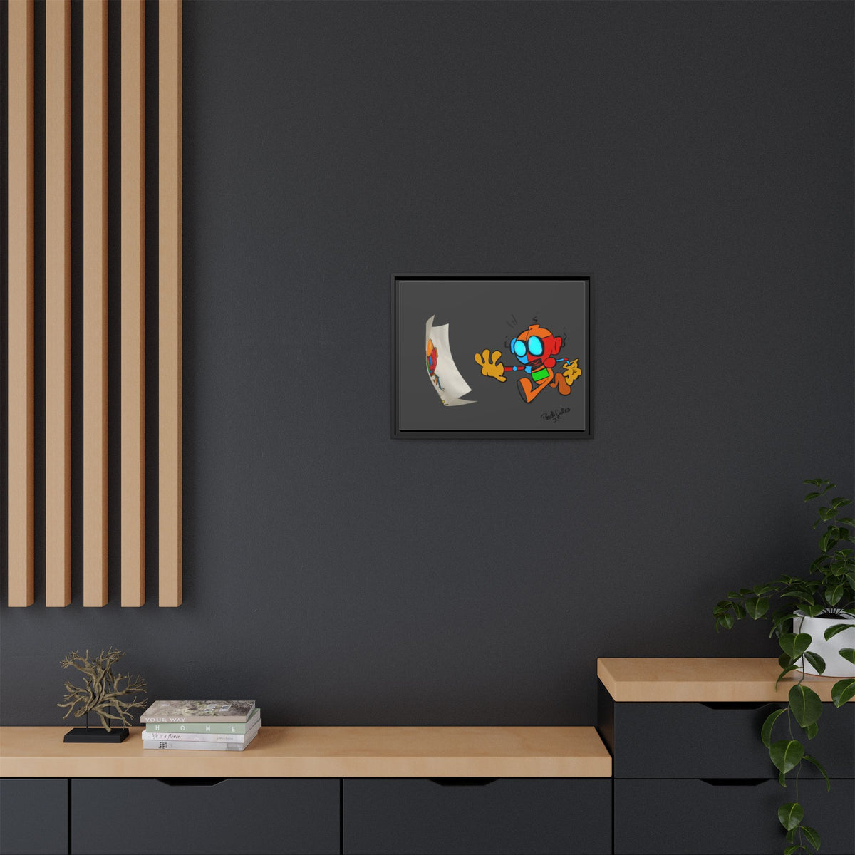 Android  Irony Framed Matte Canvas Art — Colorful Cartoon Robot Print