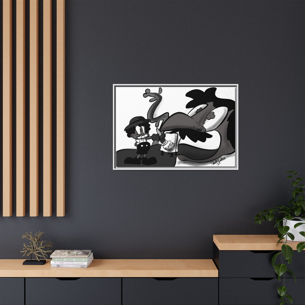 Jack & The Bean Stalk  Matte Canvas Framed Art — Monochrome Retro Character Print