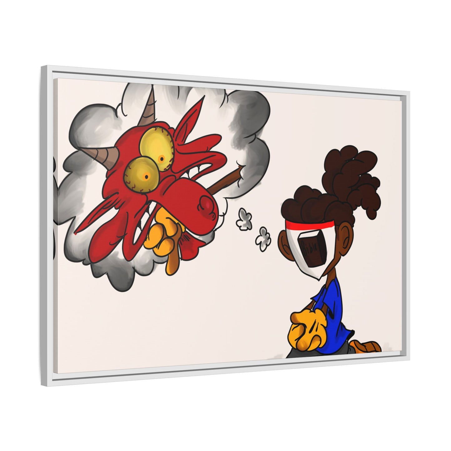Power of Prayer Framed Matte Canvas Art — Cartoon Kid Imagining a Red Dragon