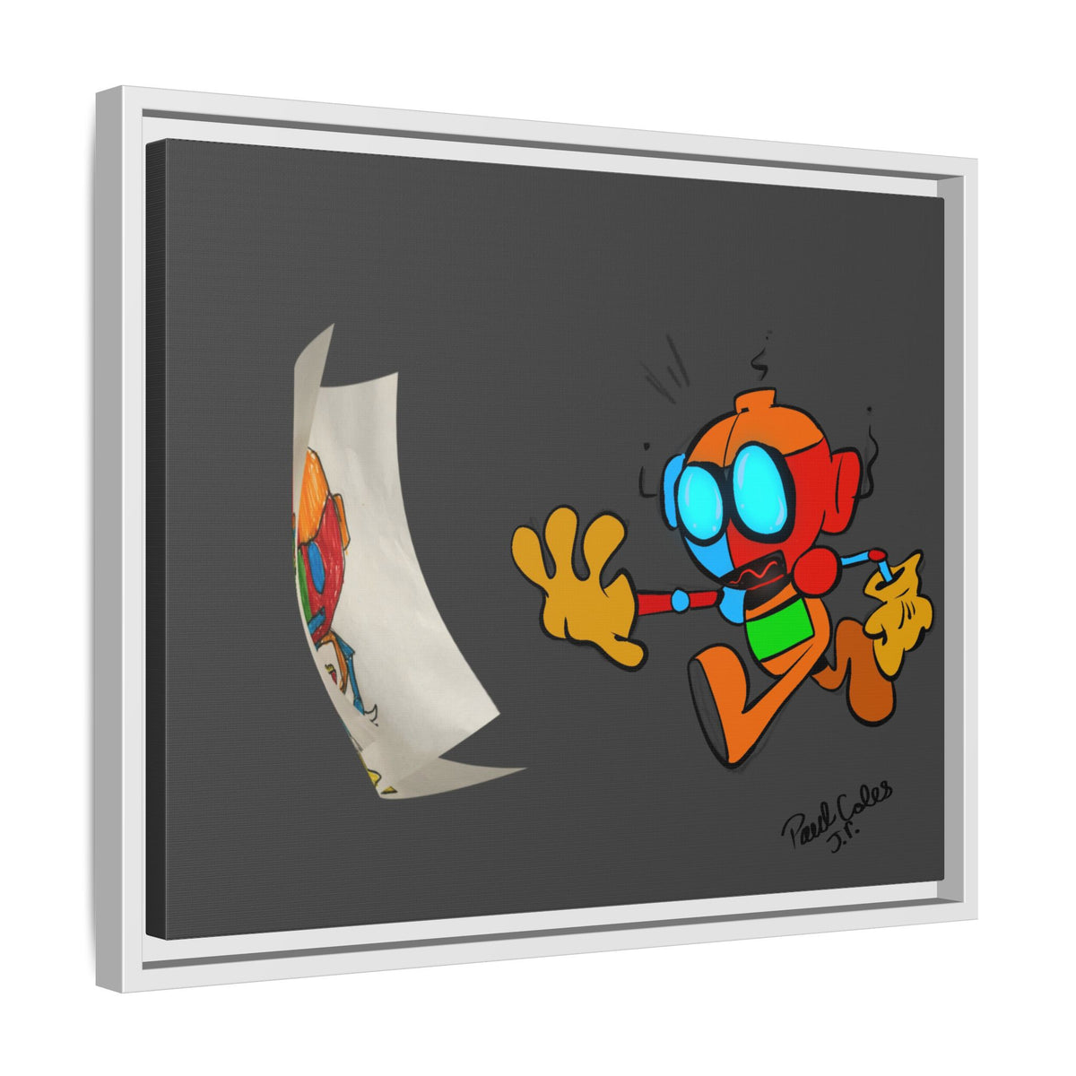 Android  Irony Framed Matte Canvas Art — Colorful Cartoon Robot Print
