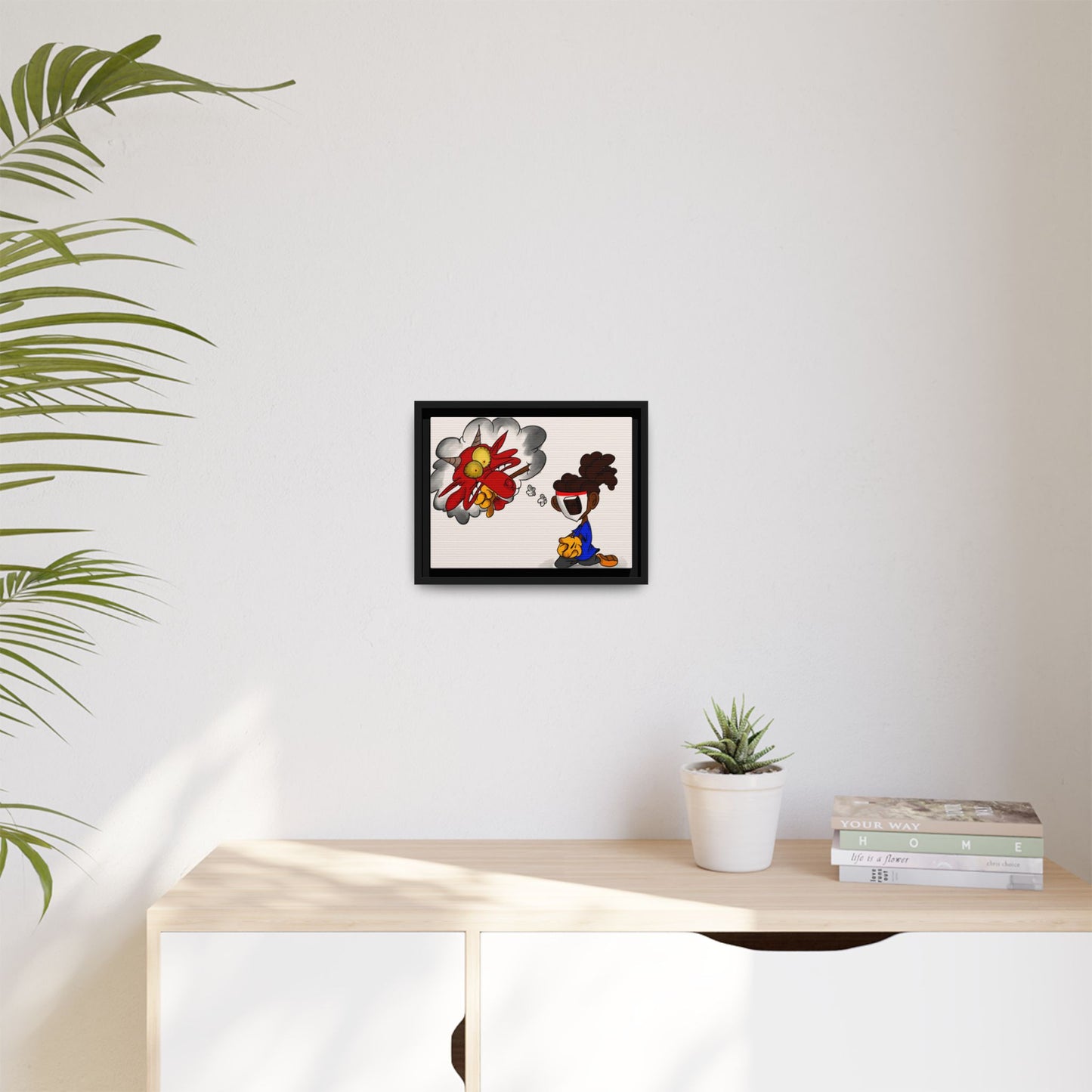 Power of Prayer Framed Matte Canvas Art — Cartoon Kid Imagining a Red Dragon