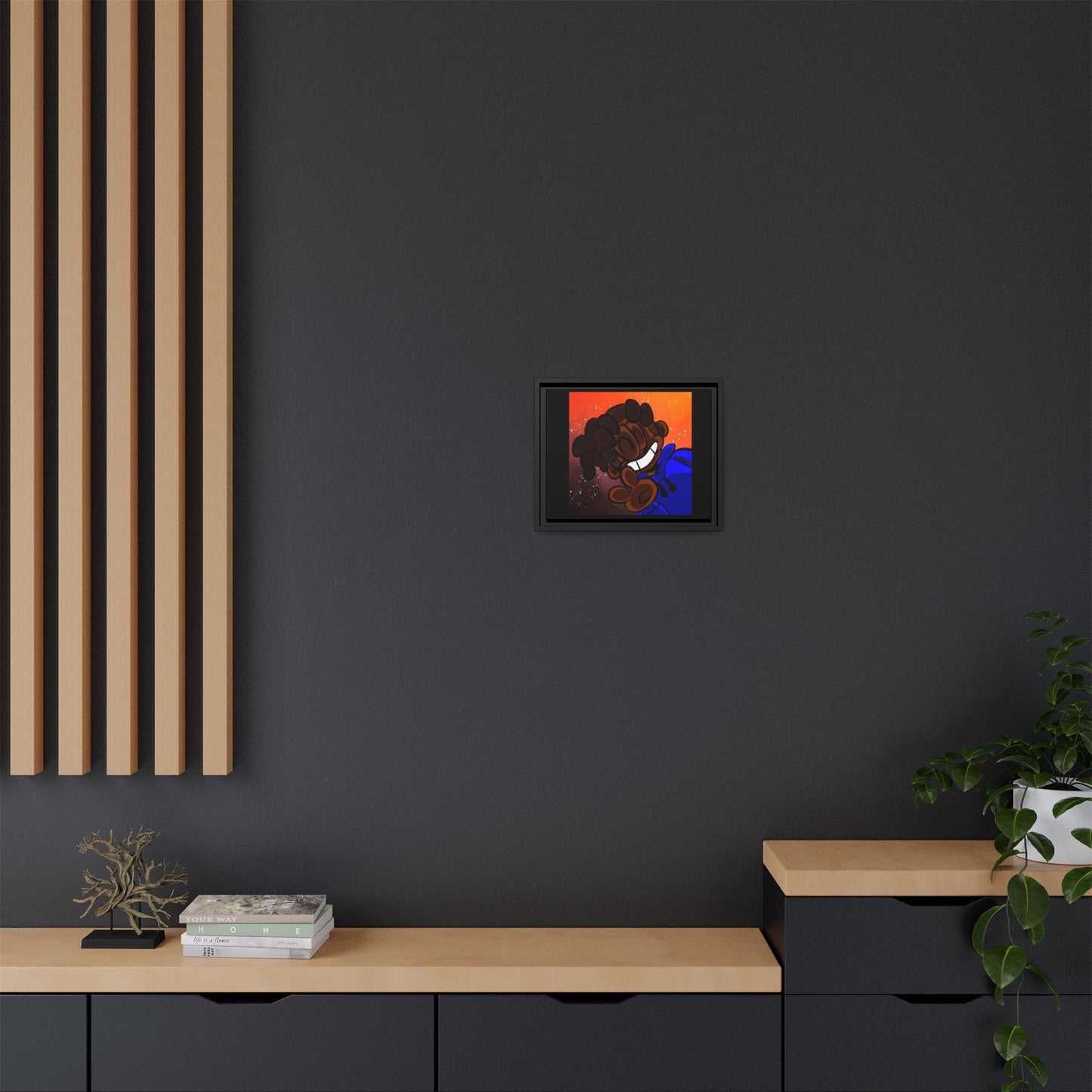 Peace of Me Framed Matte Canvas Art — Cartoon Smile Character on Orange-Red Background