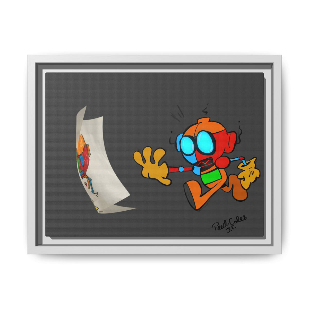 Android  Irony Framed Matte Canvas Art — Colorful Cartoon Robot Print