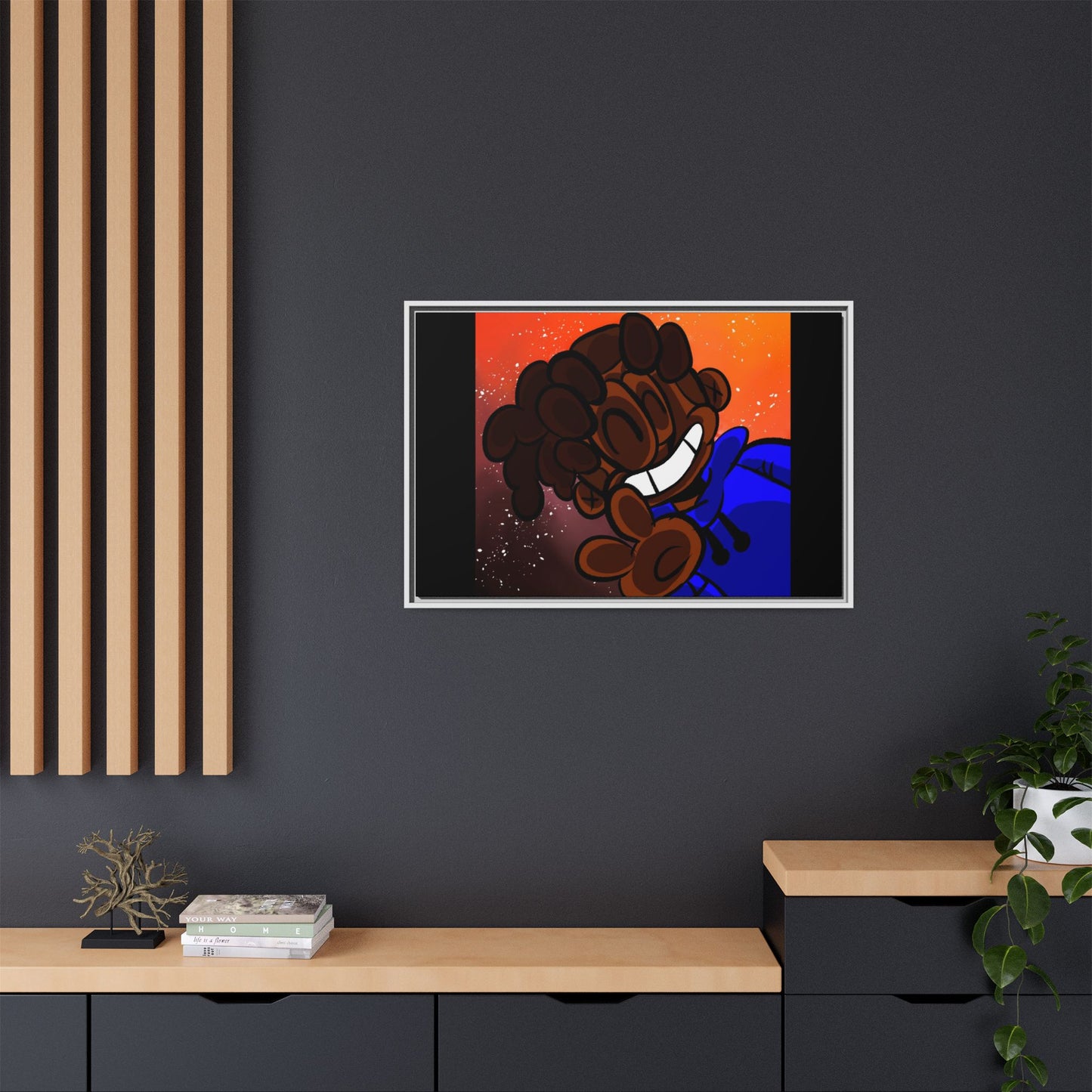 Peace of Me Framed Matte Canvas Art — Cartoon Smile Character on Orange-Red Background