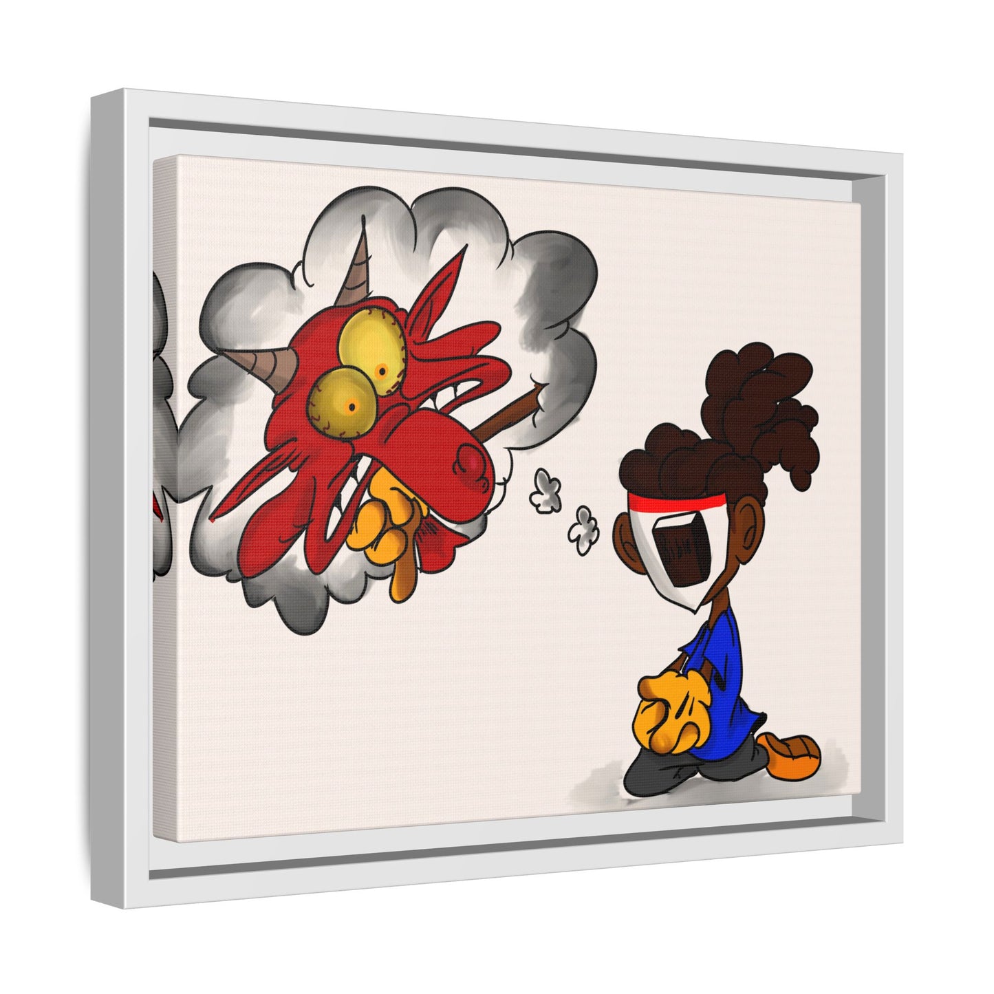 Power of Prayer Framed Matte Canvas Art — Cartoon Kid Imagining a Red Dragon