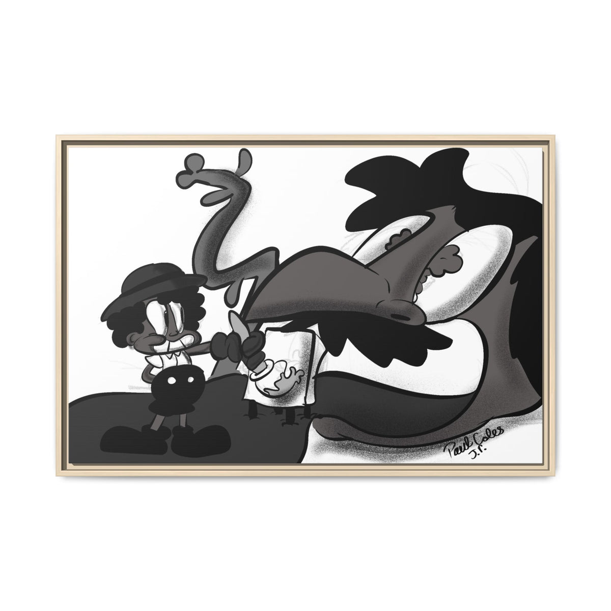 Jack & The Bean Stalk  Matte Canvas Framed Art — Monochrome Retro Character Print