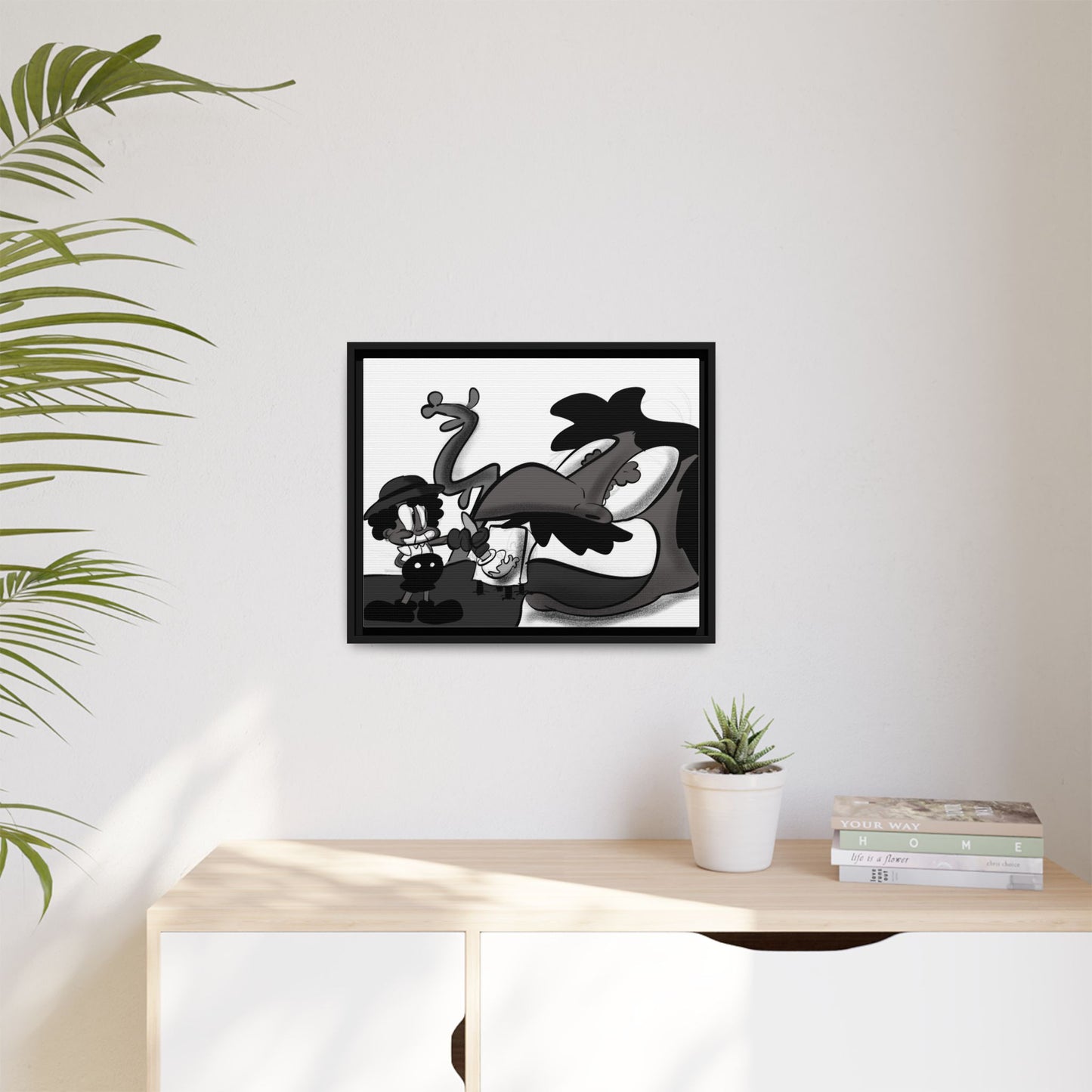 Jack & The Bean Stalk  Matte Canvas Framed Art — Monochrome Retro Character Print