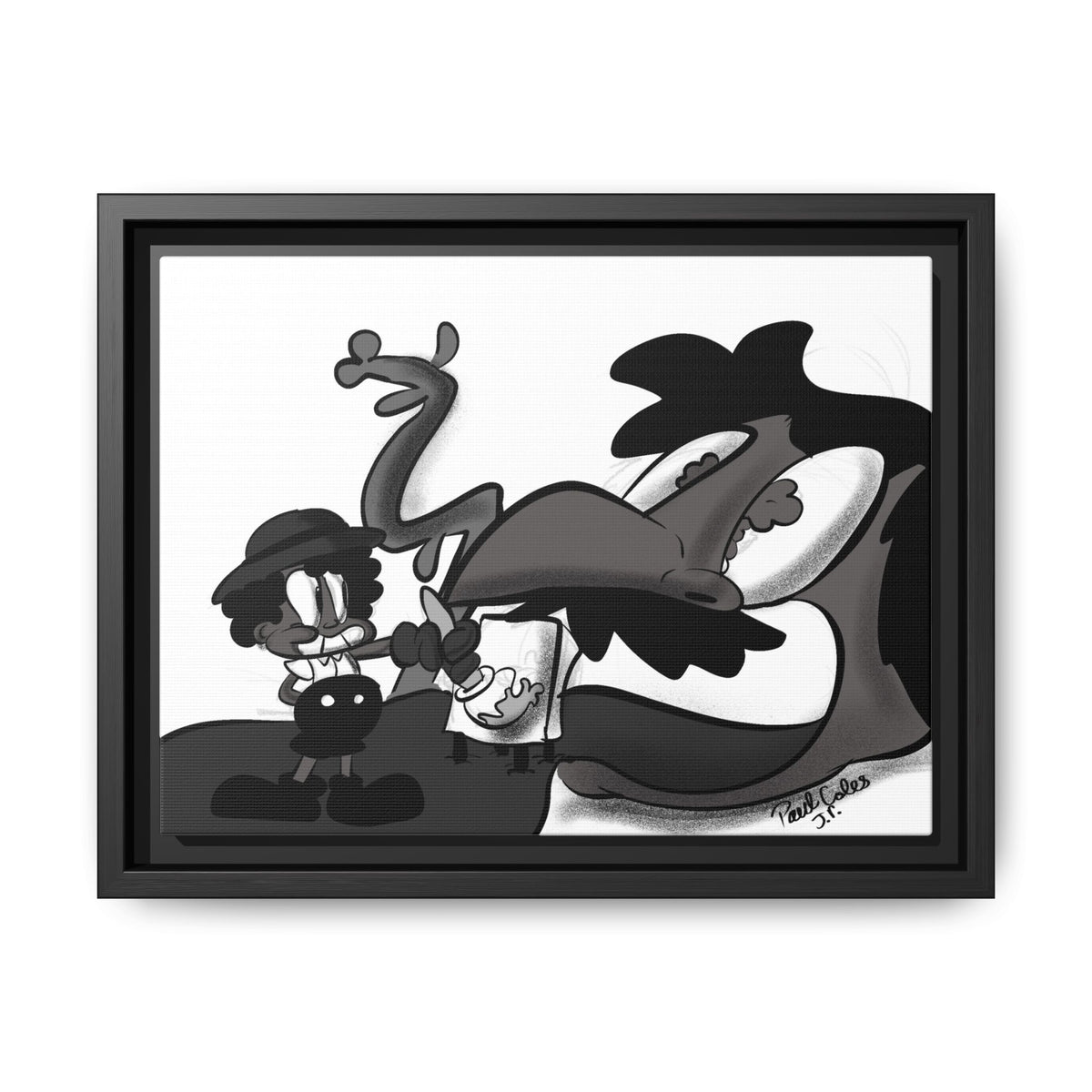 Jack & The Bean Stalk  Matte Canvas Framed Art — Monochrome Retro Character Print