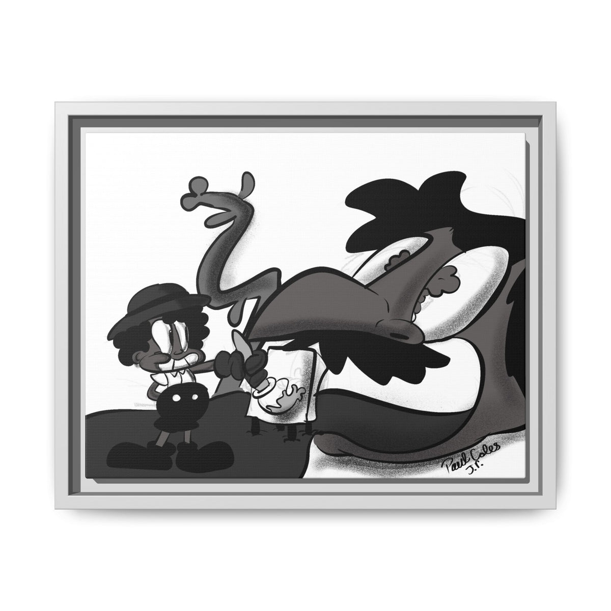 Jack & The Bean Stalk  Matte Canvas Framed Art — Monochrome Retro Character Print