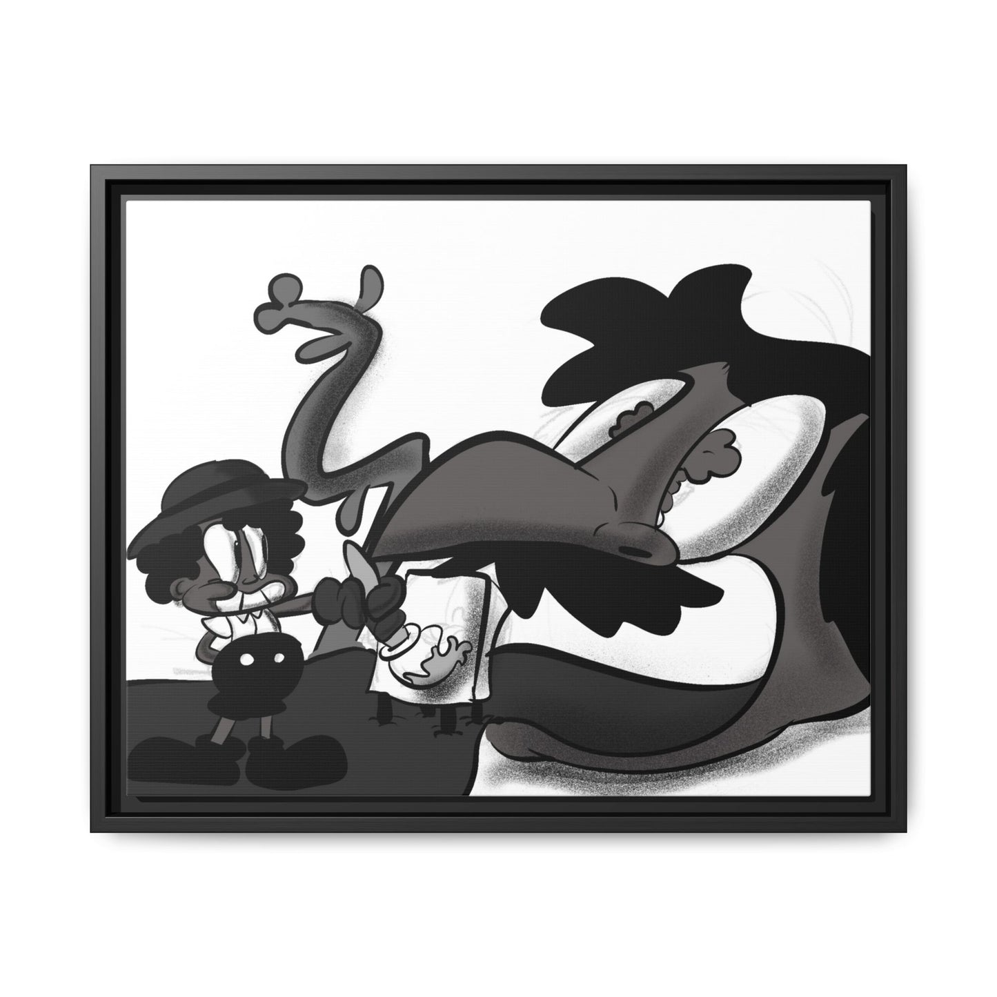 Jack & The Bean Stalk  Matte Canvas Framed Art — Monochrome Retro Character Print