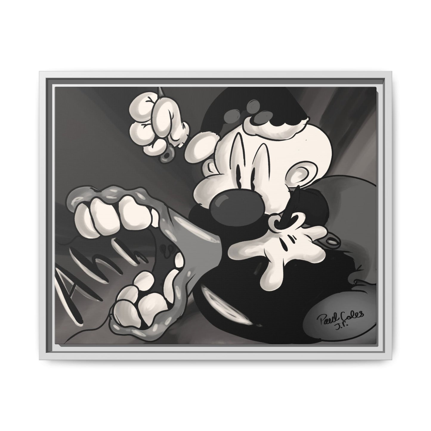 Screaming Circus  Matte Canvas Framed Art — Monochrome Retro Character Print