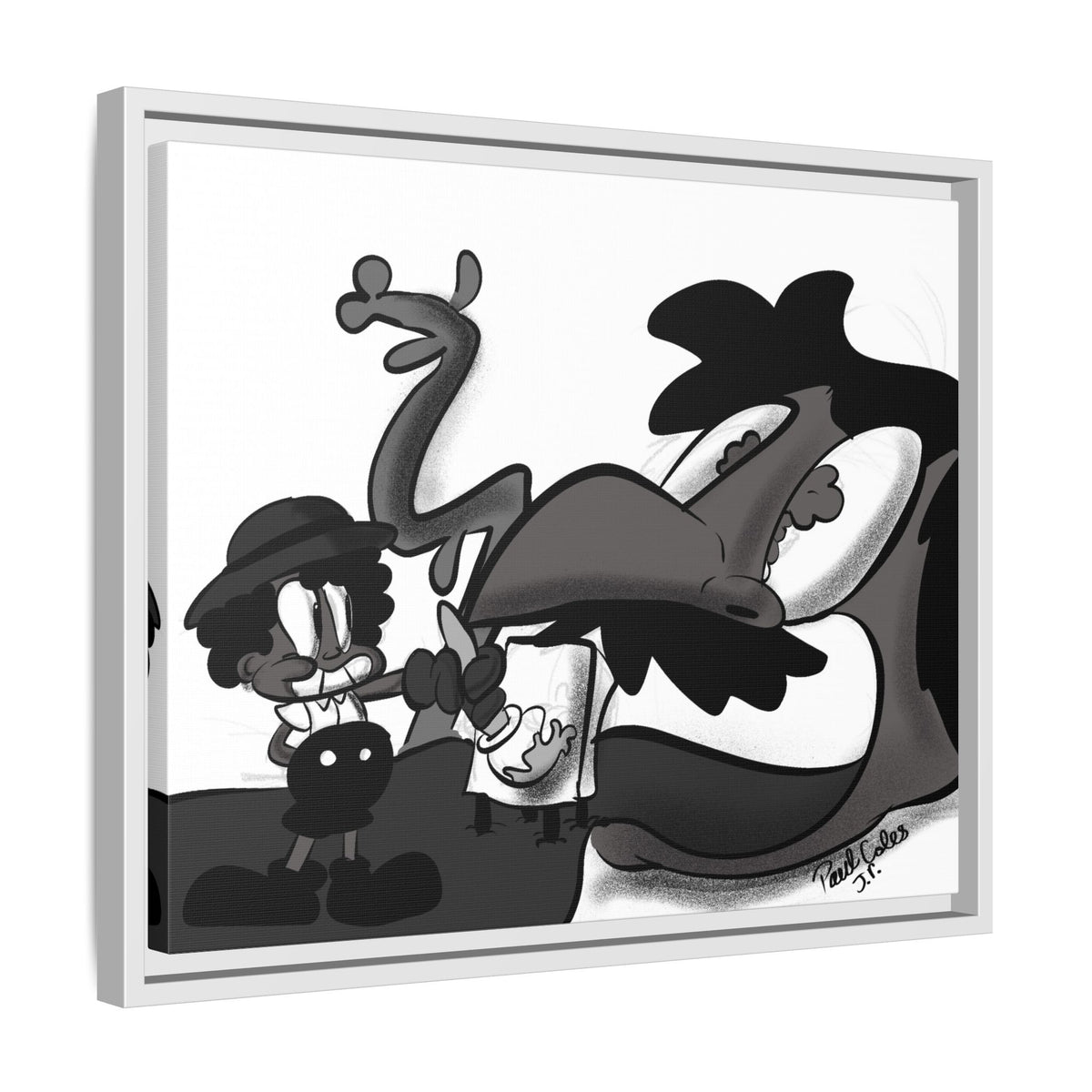 Jack & The Bean Stalk  Matte Canvas Framed Art — Monochrome Retro Character Print