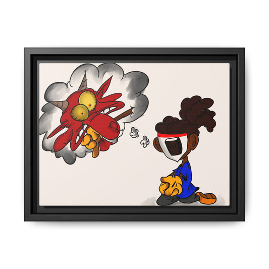 Power of Prayer Framed Matte Canvas Art — Cartoon Kid Imagining a Red Dragon
