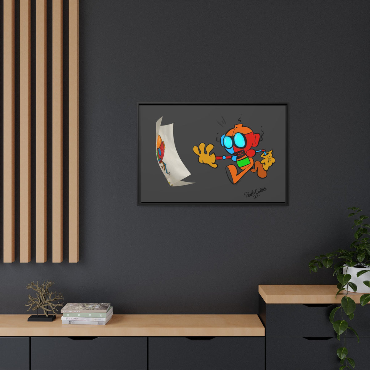 Android  Irony Framed Matte Canvas Art — Colorful Cartoon Robot Print