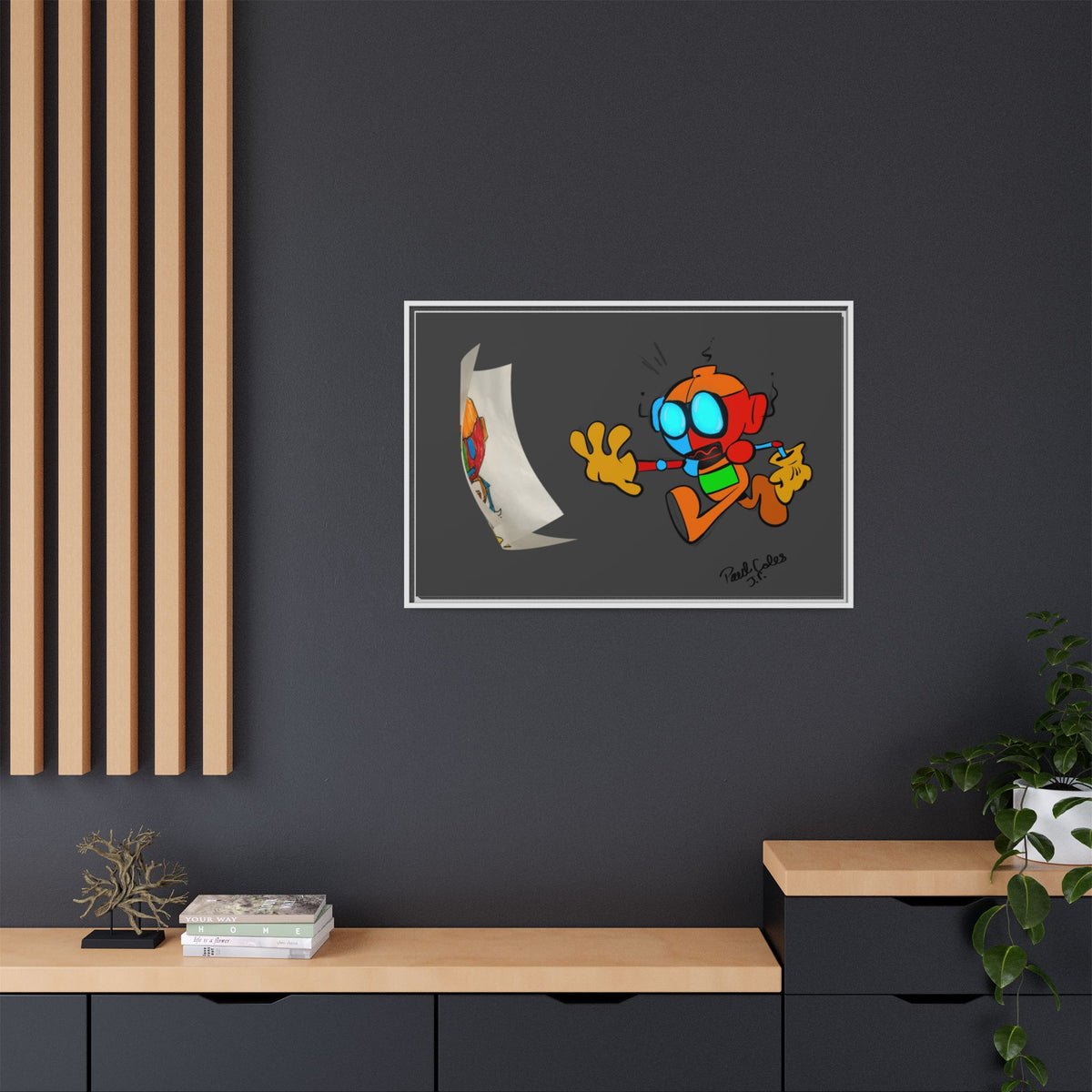 Android  Irony Framed Matte Canvas Art — Colorful Cartoon Robot Print