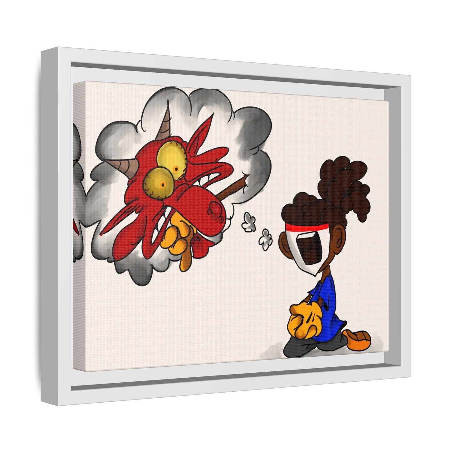 Power of Prayer Framed Matte Canvas Art — Cartoon Kid Imagining a Red Dragon