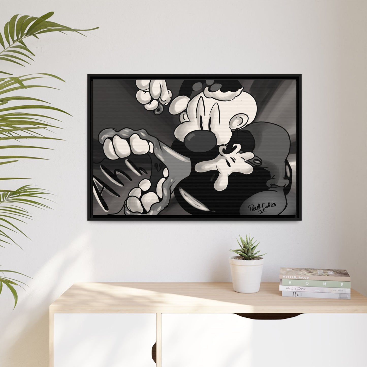 Screaming Circus  Matte Canvas Framed Art — Monochrome Retro Character Print