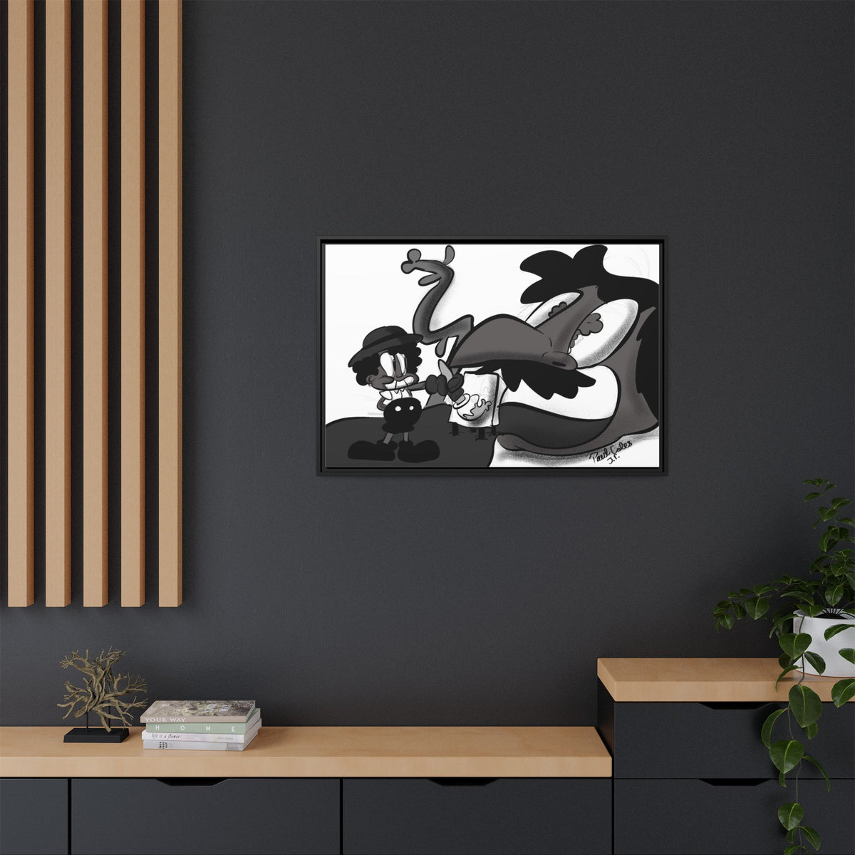 Jack & The Bean Stalk  Matte Canvas Framed Art — Monochrome Retro Character Print
