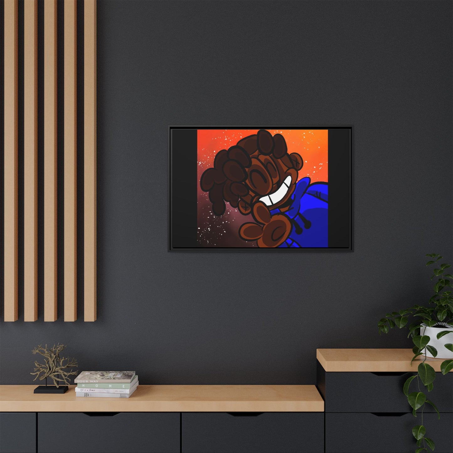 Peace of Me Framed Matte Canvas Art — Cartoon Smile Character on Orange-Red Background