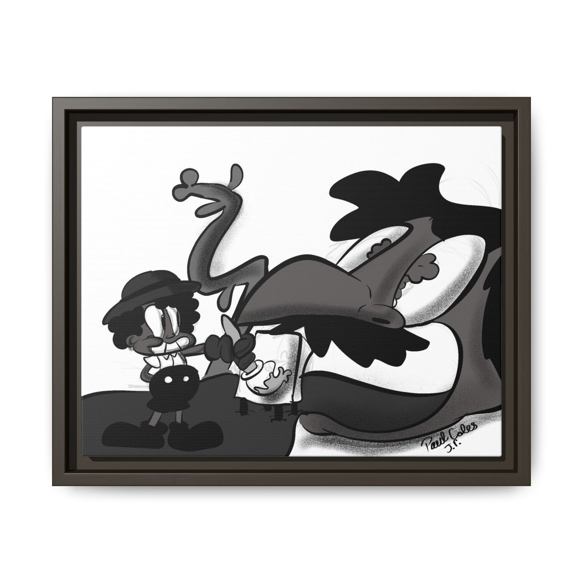 Jack & The Bean Stalk  Matte Canvas Framed Art — Monochrome Retro Character Print
