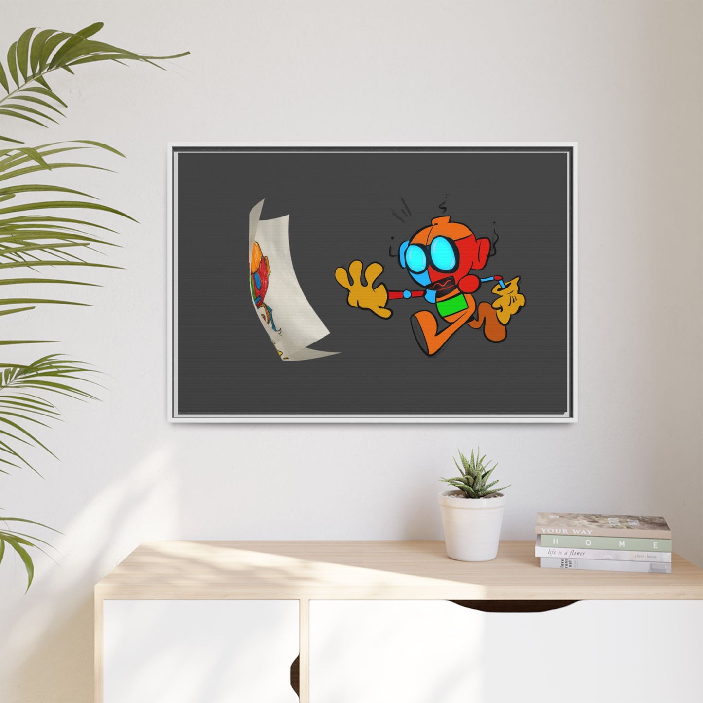 Android  Irony Framed Matte Canvas Art — Colorful Cartoon Robot Print