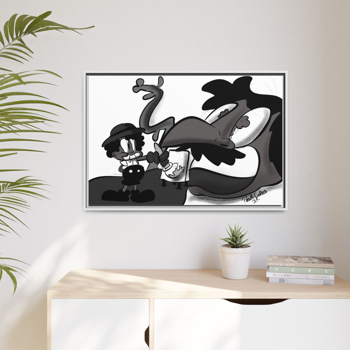 Jack & The Bean Stalk  Matte Canvas Framed Art — Monochrome Retro Character Print